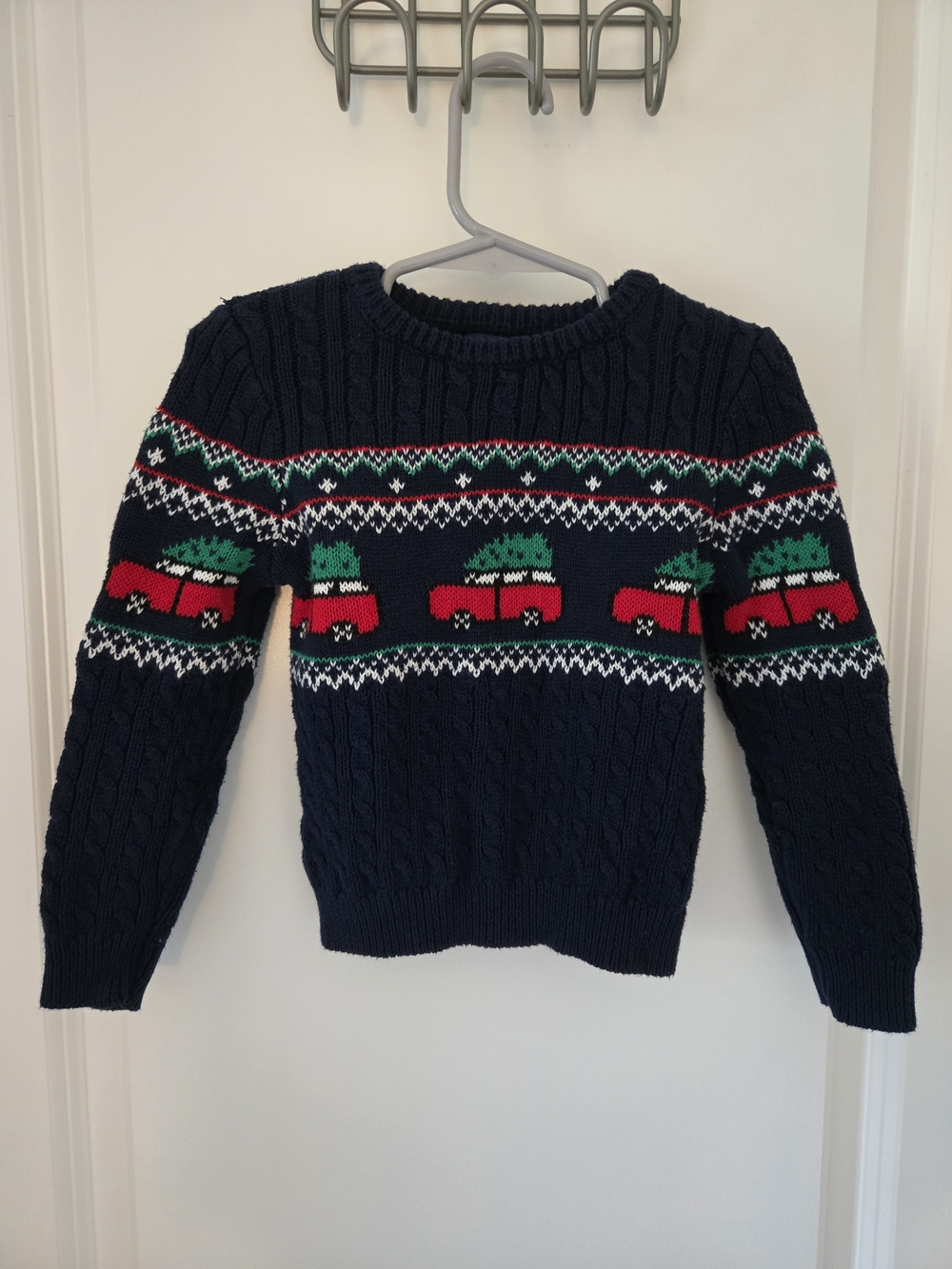 Lands' End Navy Sweater with Red Car and Green Tree Motif